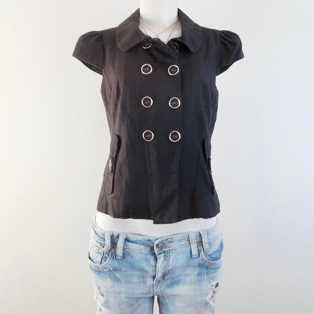 y2k black military button up jacket puff sleeve fitted top